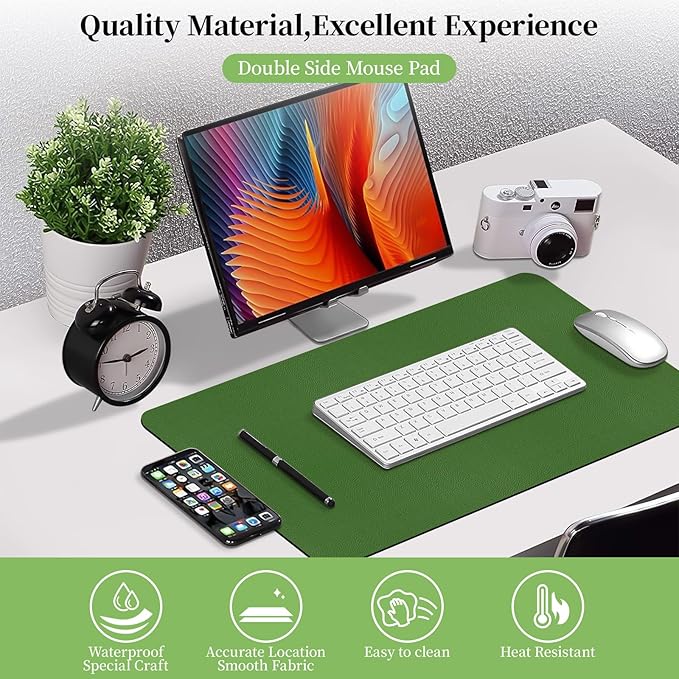 Bloss Green Leather Mouse Pad,Leather Desk Mat Protector,Dual-Side Use Mouse Mats,Office Desks Mats,Laptop Protector Desks Mat,Waterproof Keyboard Pads,Desk Writing Pad for Office/Home.23.6"x 13.8"