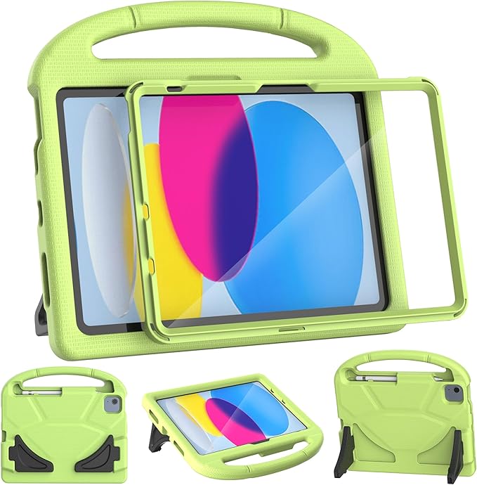 Kids Case for iPad A16 11th Gen 11-Inch 2025 & iPad 10th Generation (10.9" 2022), Durable Shockproof Fully-Body Cover with Screen Protector/Pencil Holder/Stand/Handle for Kids, Light Green