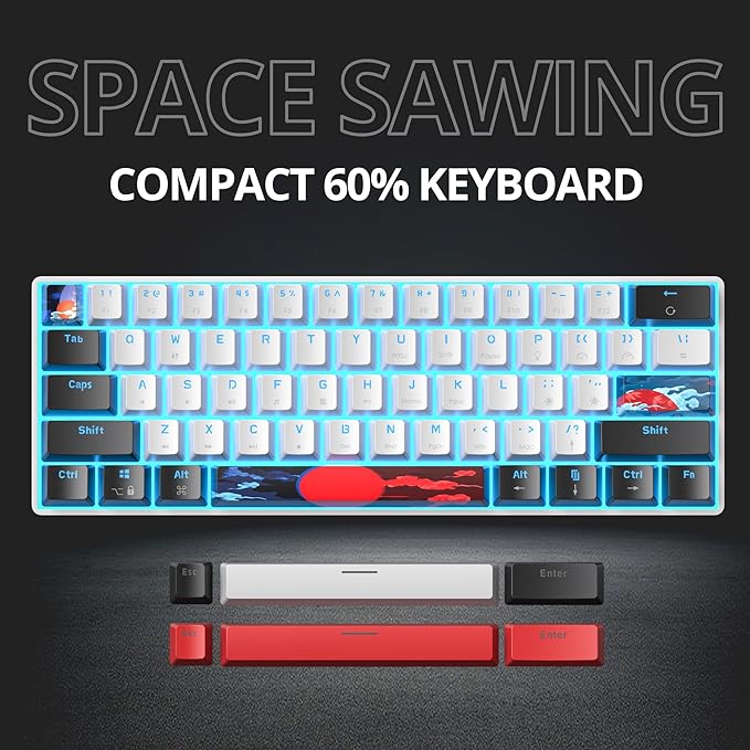 Protable 60% Percent Gaming Keyboard Mechanical, Mini Compact Ice-Blue LED Backlit 61 Keys Wired Office Keyboard with red Switch for Mac/Win/PS4/PS5（61White/red Switch）
