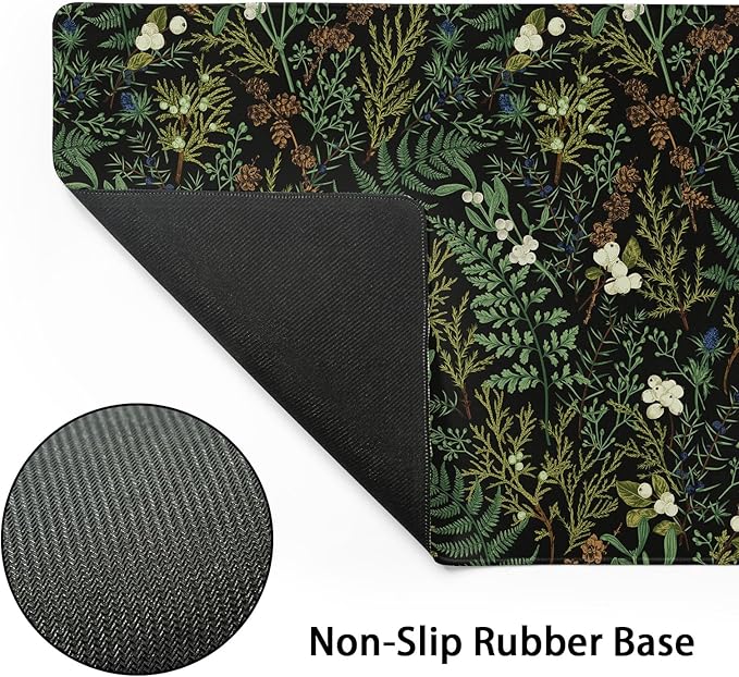 Black Aesthetic Vintage Botanical Gaming Mouse Pad XL Cute Forest Green Plant Nature Floral Extended Large Big Mousepad Non-Slip Stitched Edge Long Mat for Desk Office Computer,31.5×11.8 in