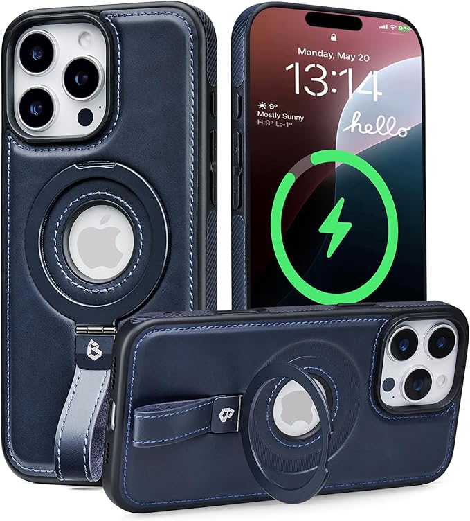 Butaiga for iPhone 15 Pro Leather Case with Stand, Anti-Slip Grip Ring, Fits for MagSafe (Blue, iPhone 15 Pro)