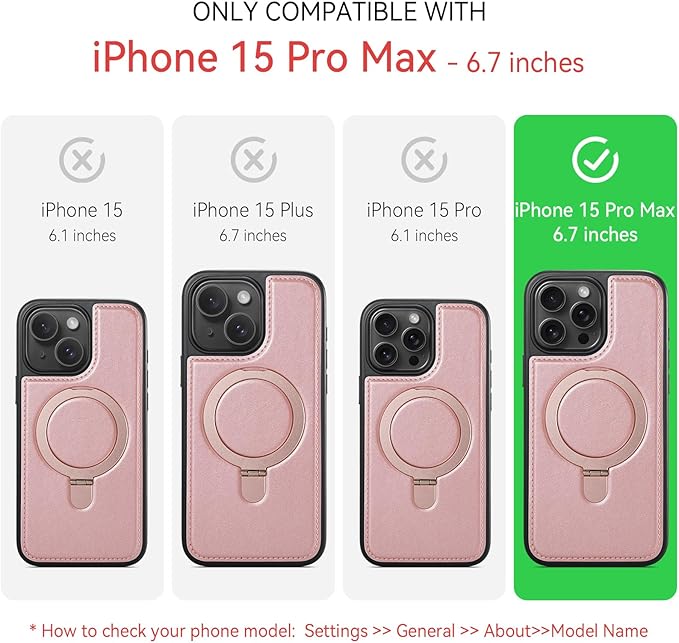 Compatible with iPhone 15 Pro Max Case with Stand, Compatible with MagSafe, Slim PU Leather & Durable TPU Protective Cover Drop-Proof with Tempered Glass Screen Protector 6.7", Rose Gold