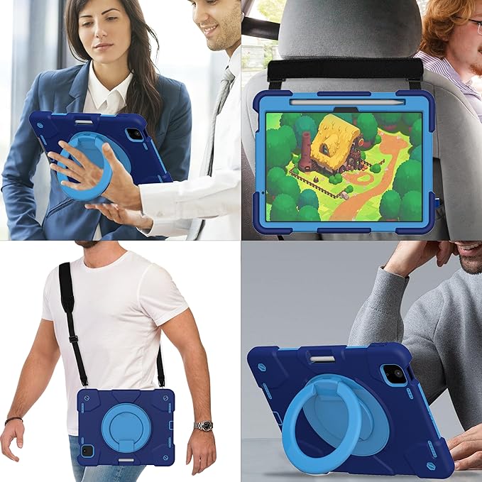 Andnary Case for iPad Air 11 inch Case M4/M3/M2 (2026/2025/2024), Heavy Duty Shockproof Cover with Screen Protector, 360° Rotating Stand, Pencil Holder, Shoulder Strap (Navy+Blue)