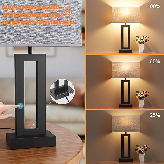 Seealle Nightstand Table Lamps for Bedrooms Set of 2 - Touch Bedside Lamp with USB C+A, 3 Way Dimmable Living Room End Tables 2, Modern Night Stand Bed Side Guest Room(Grey) B. Grey