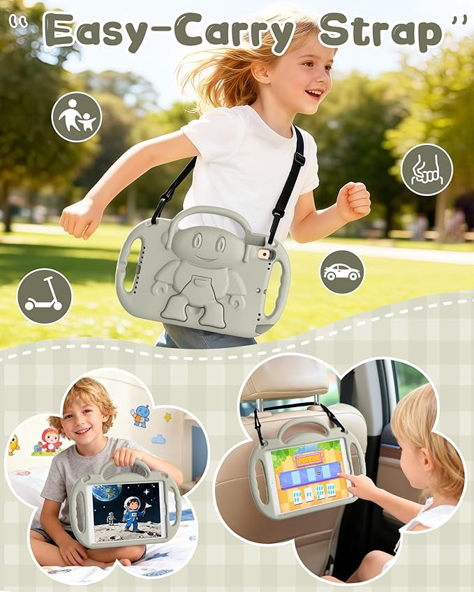 Kids Case for iPad 9th/8th/7th Generation (10.2 inch,2021/2020/2019), Kids Case for iPad Air 3rd Gen 10.5"/Pro 10.5, Durable Shockproof Cover with Shoulder Strap/Handle/Kickstand, Light Grey