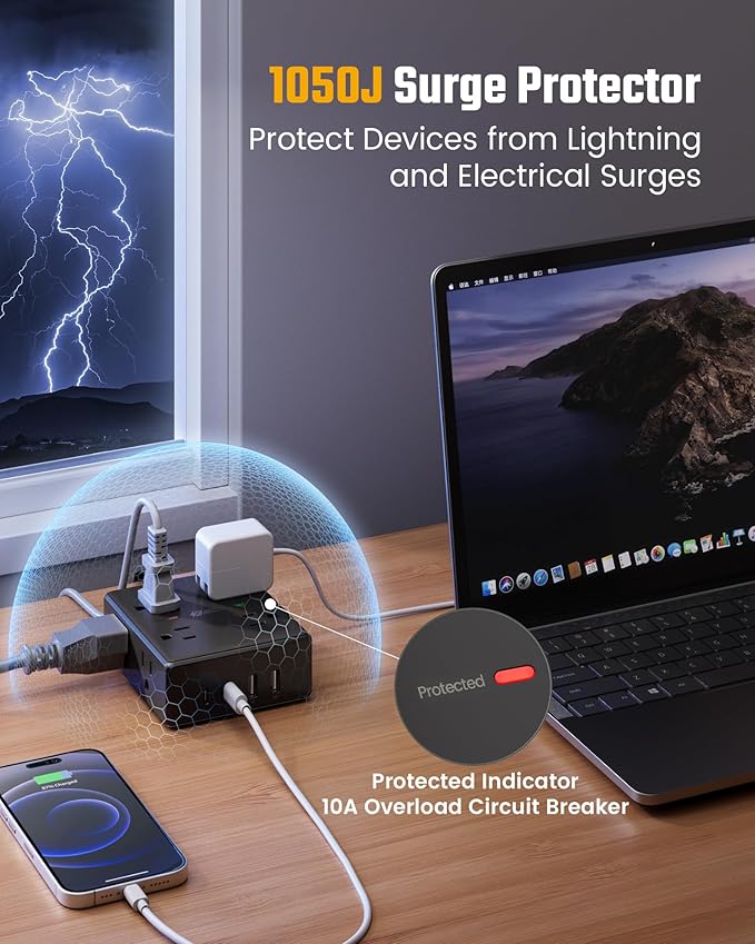 25Ft Long Extension Cord, Flat Plug Power Strip Surge Protector, 8 Outlet 4 USB Ports (2 USB C), Wall Mountable, Desk Charging Station for Home Office, College Dorm Room Essentials (Black)