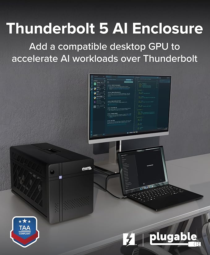 Plugable Thunderbolt 5 AI eGPU Enclosure & Dock: 80Gbps, 850W PSU Included, TAA Compliant for Windows 11, NVIDIA and AMD Cards (96W Power Delivery, 2.5Gbps Ethernet, 850W PSU, USB Hub) TBT5-AI