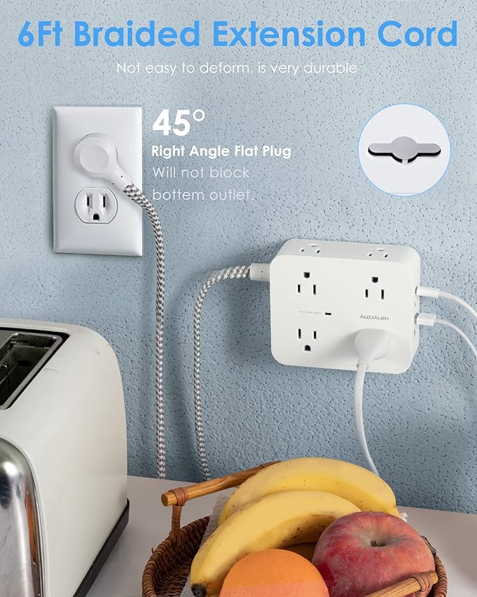 6Ft Surge Protector Power Strip with USB C, HANYCONY Extension Cord with 8 Outlets(2.2 IN) 4 USB Ports(2 USB C), Flat Plug, Wall Mount, 3 Side Outlet Extender for Home Dorm Room Essentials, ETL Listed