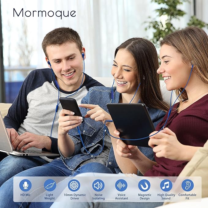 MORMOQUE EP-06 Wired Earbuds in-Ear Earphones,Build-in Microphone Noise Isolating Headphones,3.5mm Jack 4.9ft Long Cord Ear Buds,HD Bass Audio,with 6 Ear Tips,for Smartphones/Laptop/Computer Etc-Blue