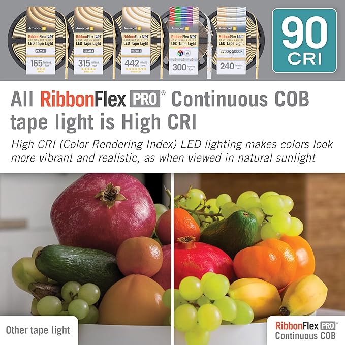Armacost Lighting RibbonFlex Pro 24V White COB LED Strip Light Tape 3000K, 165 Lumens/Ft, 10M 171250