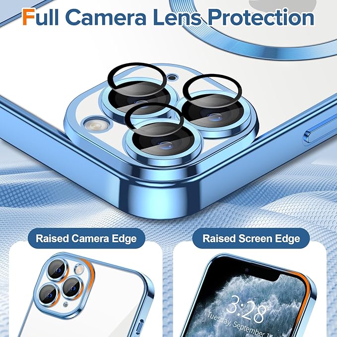 Hython Magnetic Clear for iPhone 11 Pro Max Case with Camera Lens Protector [Compatible with MagSafe] Plating Edge Slim Soft TPU Cover Protective Phone Case for iPhone 11 Pro Max 6.5", Light Blue