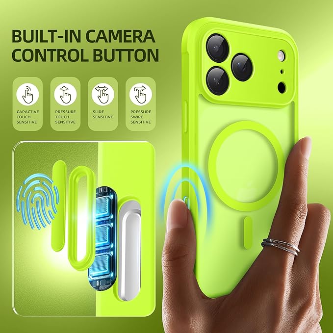 BERFY for iPhone 17 Pro Case, Compatible with MagSafe, Built-in Glass Screen Protector, Camera Protection, Shockproof Full Body Phone case 6.3", Translucent Bright Green