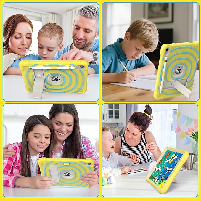 SIBEITU Kids Case for iPad (A16) 11-inch 2025/ 10th Generation 10.9-inch 2022, Shockproof Rugged Hybrid 3-Layer Protective Cover for iPad 11th/ 10th Gen with Stand & Pencil Holder (Yellow Blue)