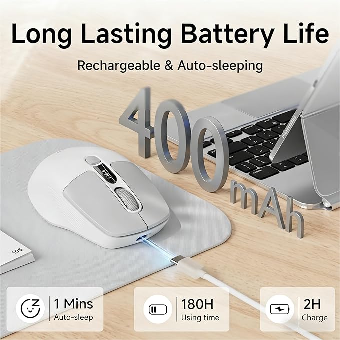 EWEADN Q1 Wireless Bluetooth Mouse, BT & 2.4G Computer Mouse with Battery & DPI LED Screen Display, Type-C Rechargeable with 1600 DPI Levels, 6 Button Silent Ergonomic Mouse for Laptop/PC/Mac-Grey