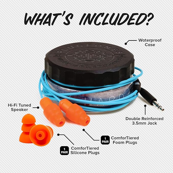 Plugfones Guardian Earplug Headphones - OSHA Approved Noise Isolating in-Ear Earbuds with Hearing Protection - Wired Hybrid for Work and Travel - Includes Silicone and Foam Ear Plugs - Blue & Orange