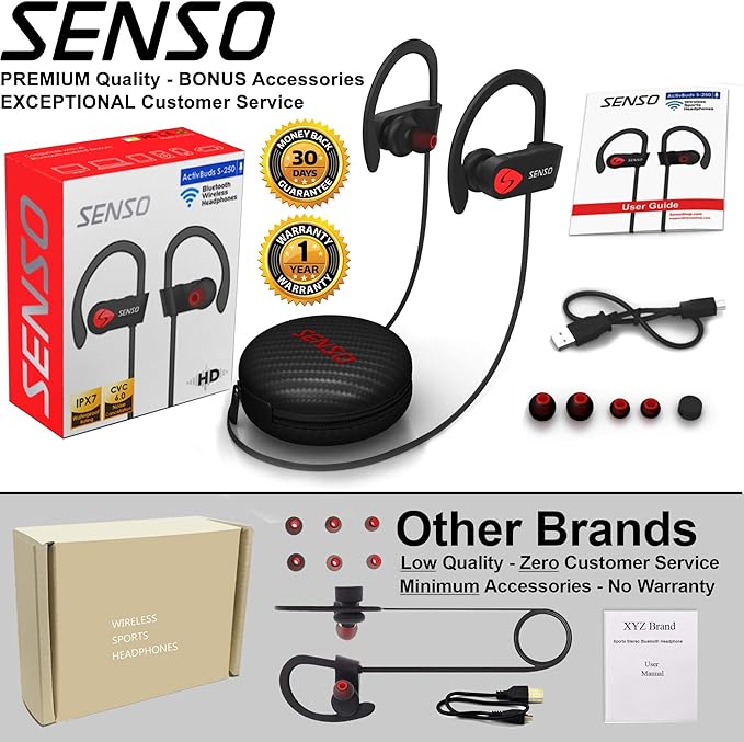 SENSO Bluetooth Headphones, Best Wireless Sports Earbuds w/Mic IPX7 Waterproof HD Stereo Sweatproof Earphones for Gym Running Workout Noise Cancelling Earphones Earbuds Noise Cancelling Headsets