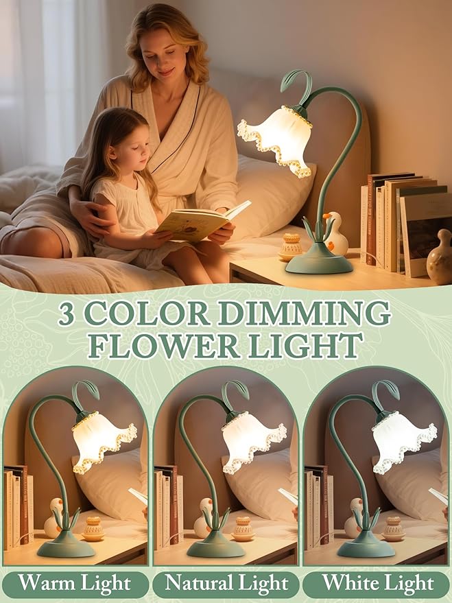 AQDZCNF Flower Table Lamp,LED Reading Light Bedside Vintage Flower Night Light,3 Colors Modes Kawaii Bedside Lamps Decor,Living Room Bedroom Room Lighting Table Lamps Home Decoration (Green Pearls)