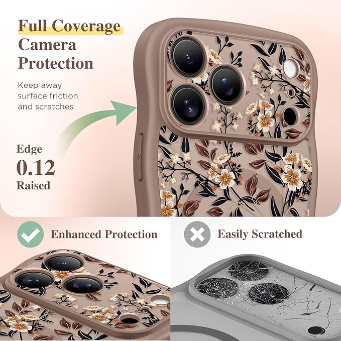 GVIEWIN for iPhone 17 Pro Max Case Compatible with MagSafe [Curly Wave Edge][Full Camera Protection] Floral Translucent Shockproof Magnetic Women Phone Case for 17 Pro Max, Bunchflower/Brown