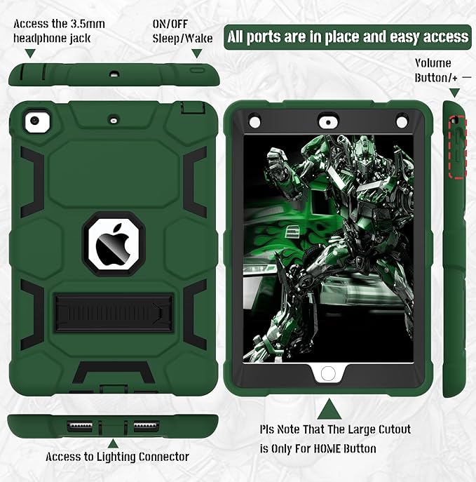 CCMAO Case for iPad 6th/5th Generation (9.7-inch, 2018/2017), iPad Air 2 Case (2014) with Kickstand, Hybrid Shockproof Protective iPad 9.7 Case, Dark Green+Black