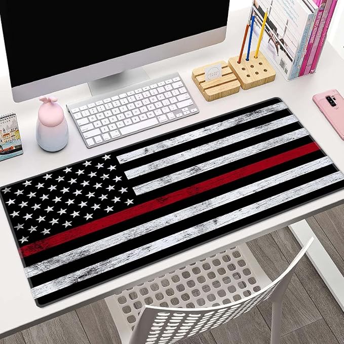 Thin Red Line with USA Flag Large Gaming Mouse Pad for Desk, Desk Mat with Seamed Edges, Waterproof Desk Pad, Non-Slip Rubber Base, 31.5x11.8 Inch Keyboard Pad Computer Mat, Big XL Mousepad