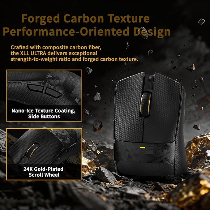 ATTACK SHARK X11Ultra 8K Carbon Fiber Wireless Gaming Mouse,Nordic 54L15 MCU,PAW3950MAX Sensor,59g Superlight,42000 DPI,BT/2.4Ghz/Wired Mouse with 100 Million Clicks,Programmable for Pc/Mac,Black pro