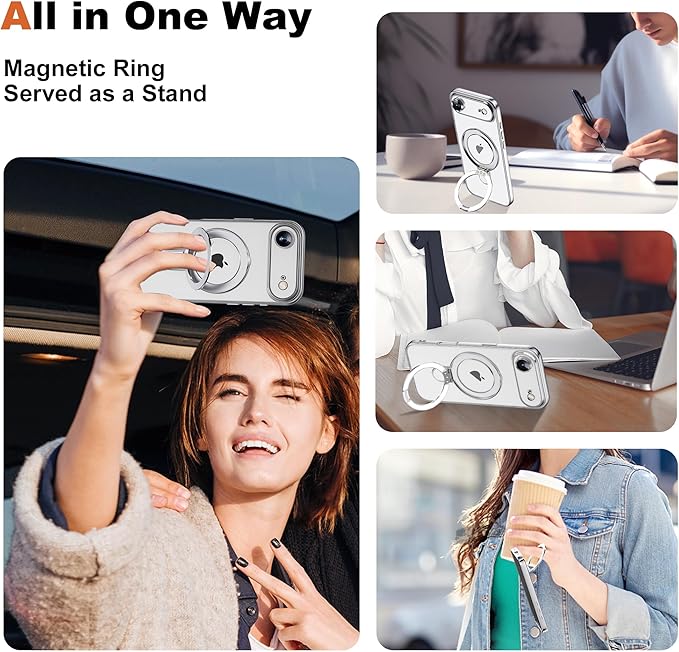 Compatible with iPhone 17 Air Case with Invisible Magnetic Ring Stand [Compatible with Mag-Safe] [Full Camera Lens Protector] Plating Clear Phone Case for iPhone 17 Air 6.5", Silver