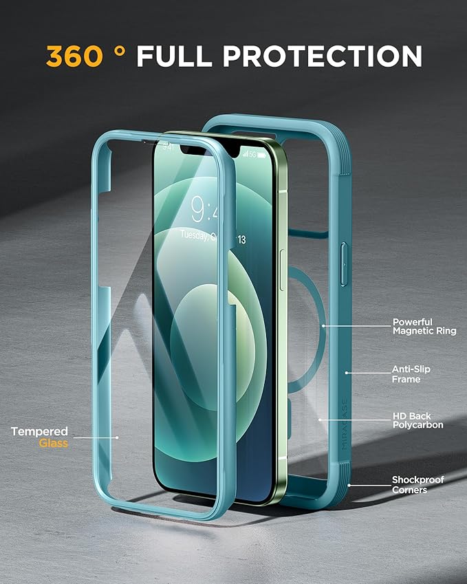 Miracase Glass Series Designed for iPhone 12/12 Pro 6.1 Inch, Upgrade Full-Body Magnetic Case with Built-in 9H Tempered Glass Screen Protector, with Camera Lens Protector, Magnetic Green