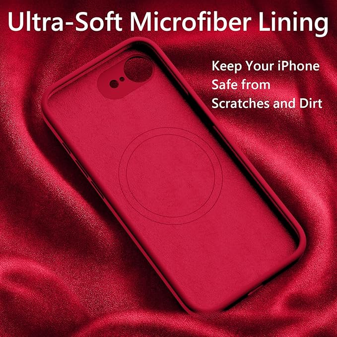FireNova Magnetic for iPhone 17e Case/iPhone 16e Case, Compatible with MagSafe, [Silicone Camera Protection] Microfiber Lining Phone Case, 6.1", Deep Red