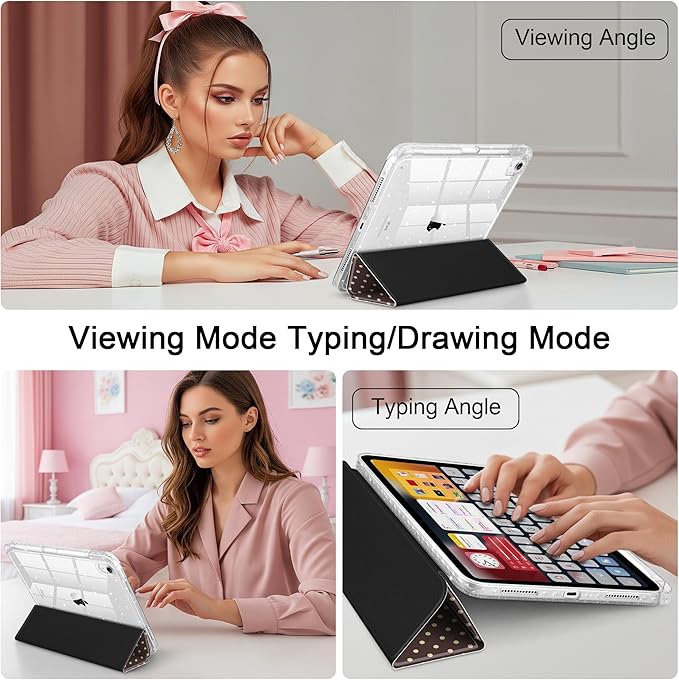 DONGKE for iPad Pro 11 inch Case – Fits M5 2025 / M4 2024, Shockproof Sparkling Glitter Acrylic Back, Pencil Holder, Trifold Stand, Auto Sleep/Wake & Touch ID Support - Brown Polka Dot