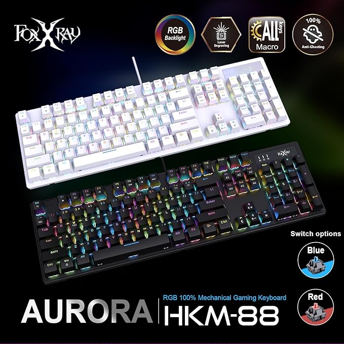 FOXXRAY HKM-88 Full-Size Mechanical Gaming Keyboard, Customizable Keys with Macro Support, RGB Backlit, Linear Red Switches, USB Plug and Play for PC