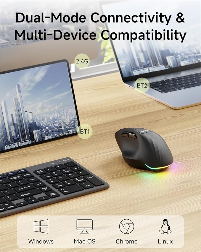 EWEADN C2 Ergonomic Wireless Mouse, 2.4G & Bluetooth Mouse for Laptop, Silent Click Dul-Mode Rechargeable Computer Mouse, 5 DPI Levels Optical Mice with RGB for Laptop, PC, Mac, Windows - White