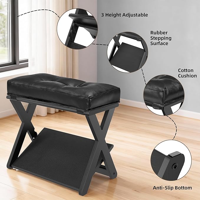 HOMELTSTBO Adjustable Wooden Foot Rest Under Desk, Double Step Desk Footrest with 3 Height Options & Non-Slip EVA Surface, Ergonomic Foot Rest For Under Desk At Work,Enhances Posture,Home Office-Black