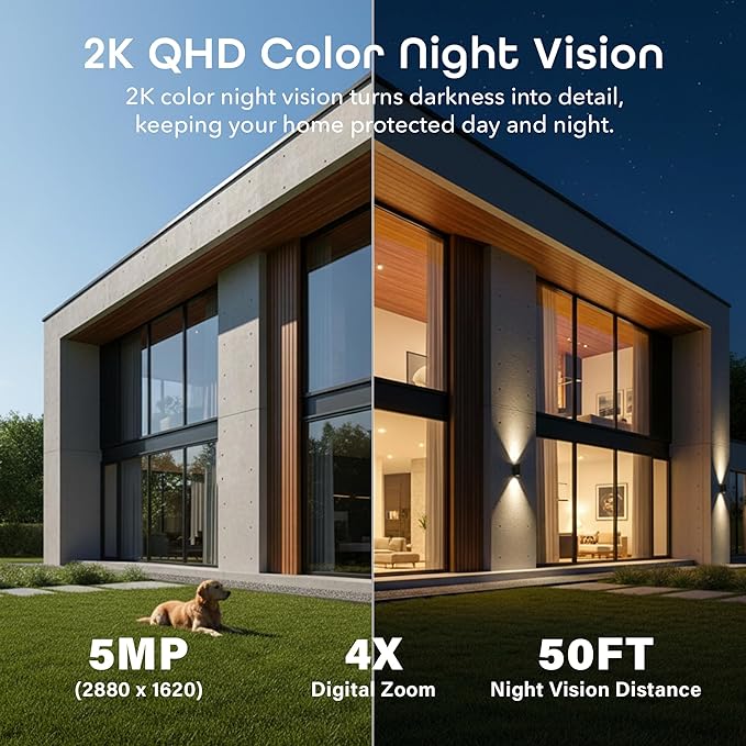 Geeni Falcon Smart Solar Battery Camera 2K+ – Outdoor Camera Wireless, Weather Resistant with Solar-Powered Battery, Motion Alerts, Color Night Vision, Two-Way Audio — 1-Pack, White
