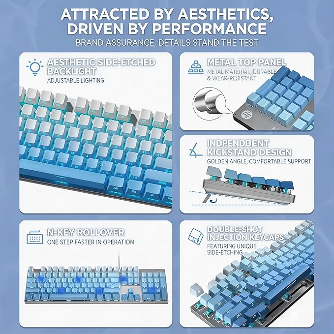 HP Wired Mechanical Gaming Keyboard GK400F, 104 Keys Full Size USB Keyboard, Brown Switches, Ice Blue LED Backlit, Anti-Ghosting, Durable Metal Panel, HP Keyboard for PC Gamer