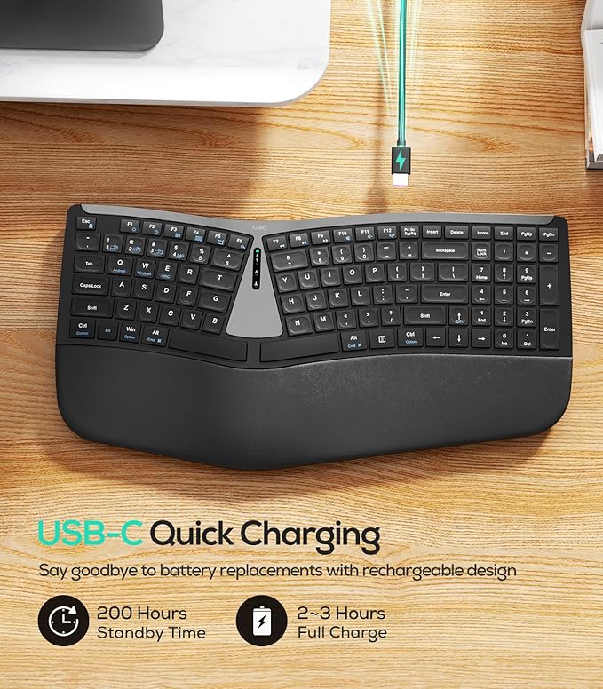 Nulea RT07B Wireless Ergonomic Split Keyboard, Wrist Rest, Natural Typing, Bluetooth and USB Connectivity, USB-C Rechargeable,Compatible with Windows Mac (Silver Black)