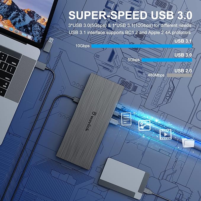 WAVLINK DisplayLink Laptop Docking Station - Quad Monitor 5K/4K@60Hz, 100W Charging - Thunderbolt 5/4, USB-C/A - M1-M5 Mac/MacBook Neo/Windows/Chrome- 4 HDMI, 4 DP, 180W Power, SD 4.0 CR, 2.5Gbps LAN