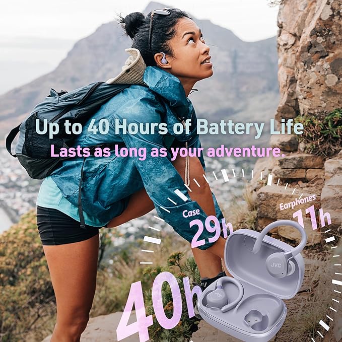 JVC Fitness Series True Wireless Sport Earbuds with Adjustable Hooks, Active Noise Cancelling, Ambient Sound Mode, IP57 Waterproof, 40hr Long Battery Life, App EQ, Low Latency, Mic HAEC75TV Violet