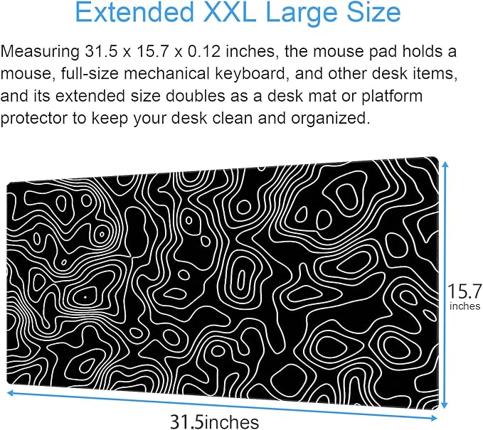 Black and White Topographic Map Gaming Mouse Pad - XXL Extended Desk Mat for Keyboard & Mouse (31.5" x 15.7") with Non-Slip Base & Stitched Edges - Washable Surface for Computer or Gaming Desk