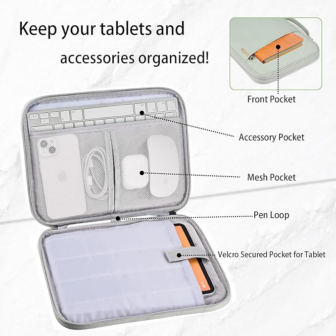 9-11 Inch Tablet Carrying Case, Padded Travel Sleeve Bag for iPad Pro 11-in (M4), iPad 10.9 (10th Gen), iPad Air 11-in (M2), Galaxy Tab S9/S8 (Mint Green-11)