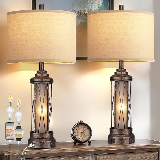 Qimh Farmhouse Table Lamps for Living Room, Rustic Nightstand Lamp for Bedroom with USB A+C Charging Ports, Frosted Glass Bedside Lamp with Night Light for Entryway End Table, 4 Bulbs Included, Bronze