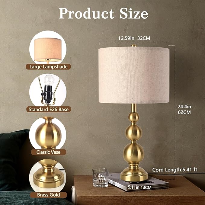 Ziqqeelam Gold Table Lamp Set of 2, 24.4" Table Lamps for Living Room, Gold Tall Skinny Table Lamps, Modern Buffet Lamp for Bedroom Bedside, Nightstand, Desk, End Table, Entry Way