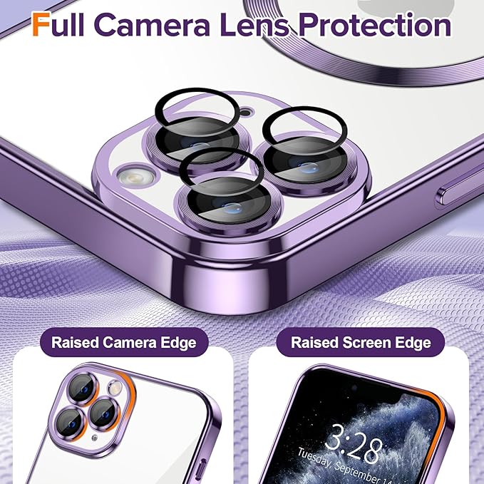 Hython Magnetic Clear for iPhone 11 Pro Max Case with Camera Lens Protector [Compatible with MagSafe] Plating Edge Slim Soft TPU Cover Protective Phone Case for iPhone 11 Pro Max 6.5", Deep Purple