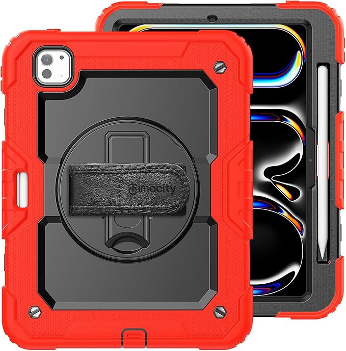 timecity Case for iPad Pro 11 Inch M5 2025 / M4 2024, 360° Rotating Stand, Pencil Holder & Wireless Charging, Shockproof with Screen Protector & Shoulder Strap - for Designers & Professionals, Red