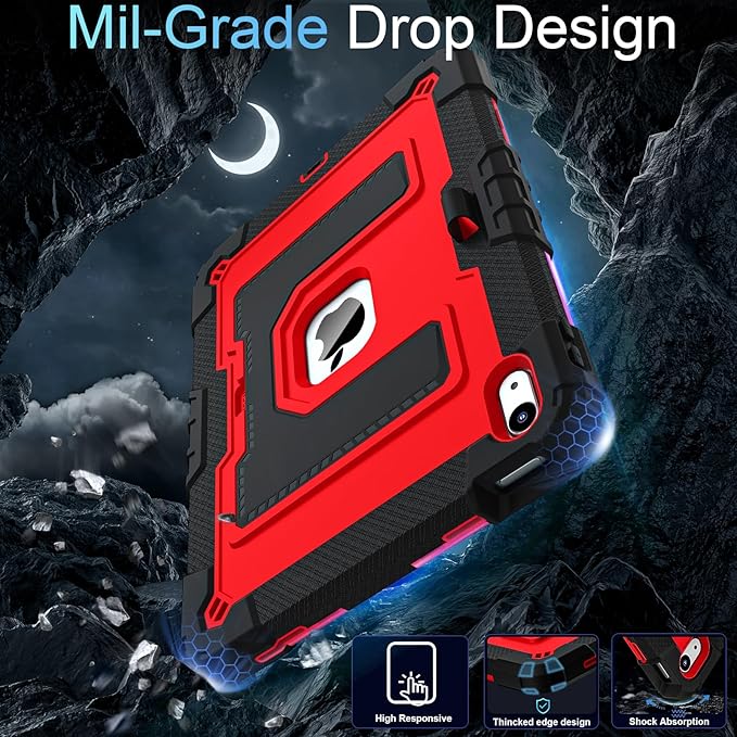 for iPad (A16) 11th 11 Inch/10th Generation 10.9 Inch 2025/2022 iPad Case 10th Generation with Shoulder Strap/Pencil Holder,Shockproof Cover for i Pad 11th/10th,Black Red