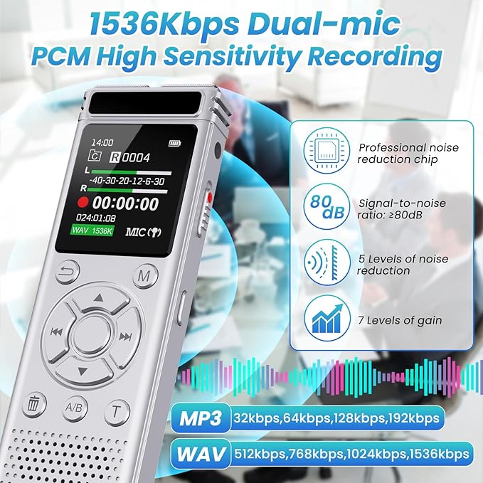 136GB Digital Voice Recorder with Playback,9000 Hours Audio Recording Device,Voice Activated Recorder with Noise Reduction,A-B Repeat,Mp3 Player&Password for Lectures/Meeting/Classes/Interviews,Silver