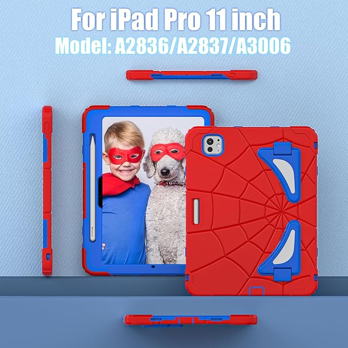 AKABEILA Compatible with Apple iPad Pro 11(2024) 11 inch Tablet Case，Lightweight Shockproof Rugged Protective Cover with Kickstand for Kids Children Boys Babies Red Blue