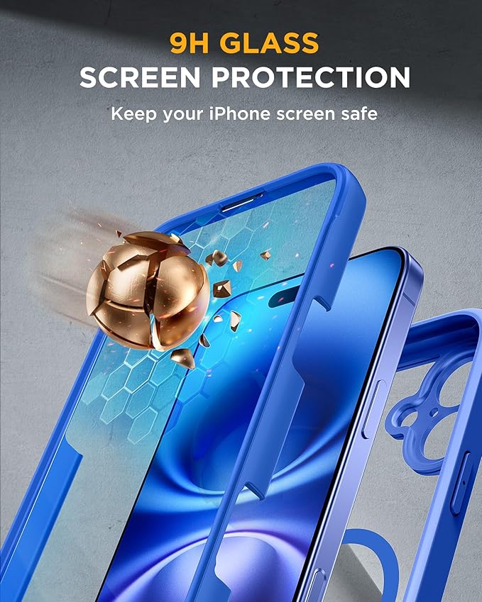 Miracase for iPhone 16 Case 6.1'', [Bubble Free] Full-Body Bumper Phone case with Built-in Full Glass Screen &Lens Protector,No Gap,Compatible with MagSafe,Drop Proof 16 Cover,Blue