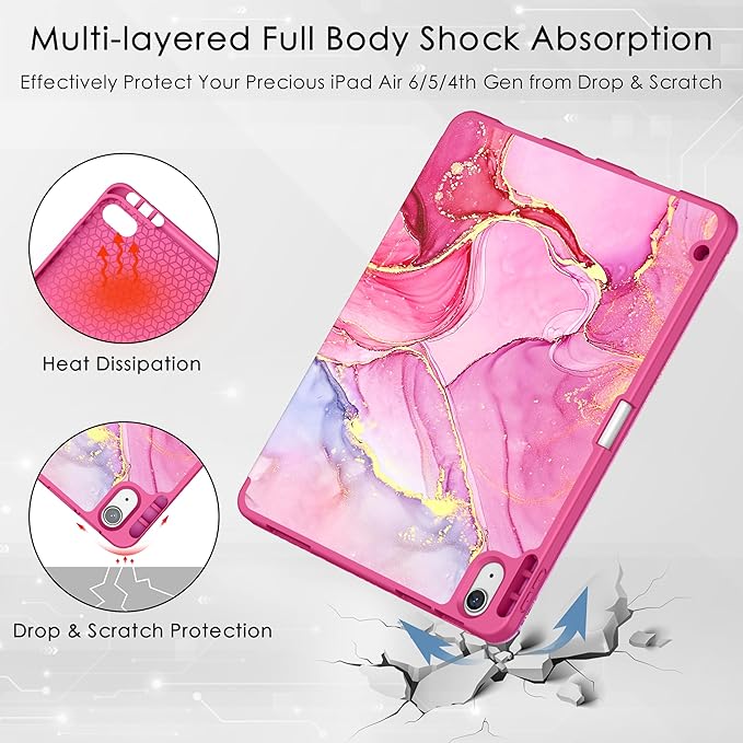 Soke Case for New iPad Air 11 Inch (M4/M3/M2, 2026-2024), iPad Air 5th/4th Generation 10.9 Inch (2020-2022) with Pencil Holder, Soft TPU Back Cover & Auto Sleep/Wake, Hot Pink Marble