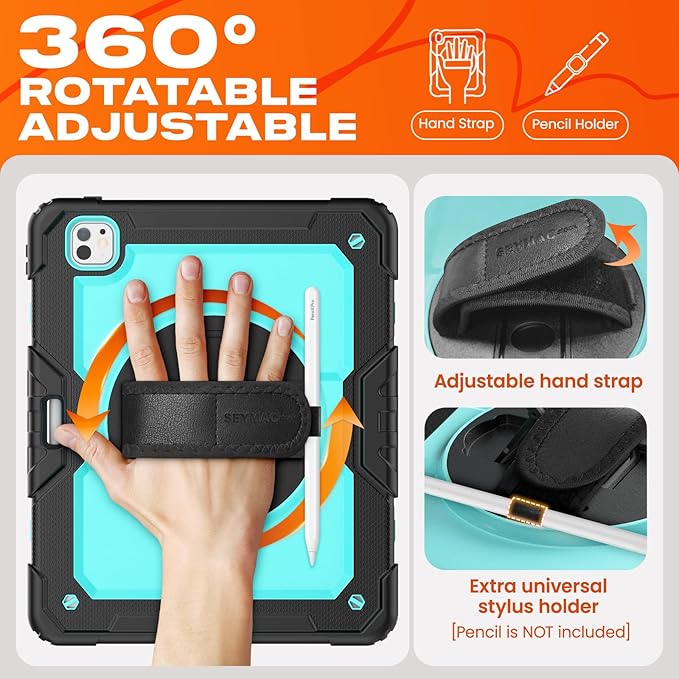 SEYMAC stock Case for iPad Pro 13-inch M5-M4 2025-2024, Shockproof Heavy Duty Case with Screen Protector, Pencil Holder, Rotating Stand, Hand Strap, Shoulder Strap, SkyBlue