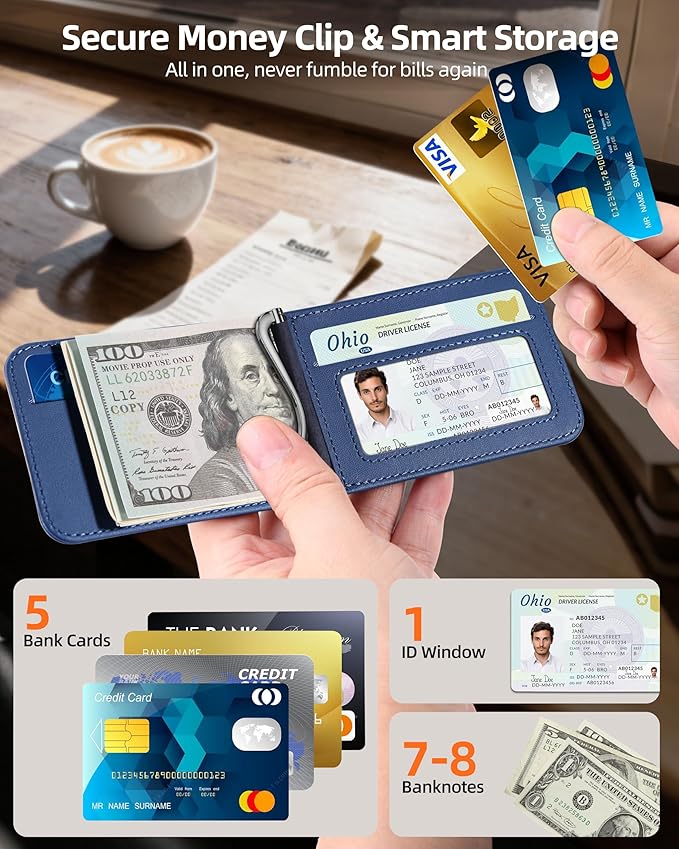 ExtreLife For Magsafe Wallet with Money Clip, Strongest Magnetic Wallet for iPhone 17/16/15/14/13/12 Series, Adjustable Stand, ID Window, 5 Card Holder, RFID Blocking, Not for 13/12 Mini, Navy Blue